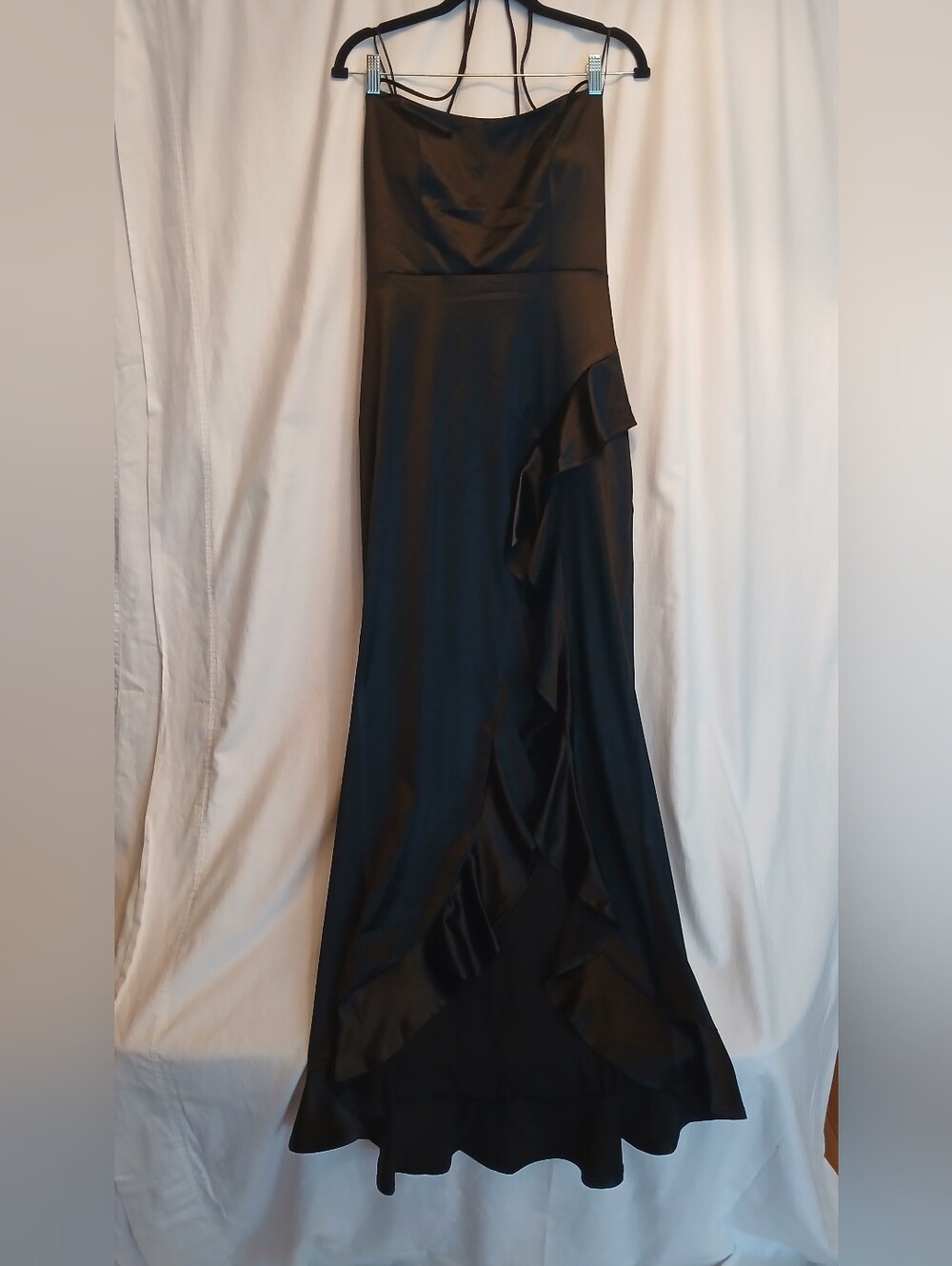 Crystal Doll Black Satin Strappy Back High Split Ruffle Maxi Dress XL